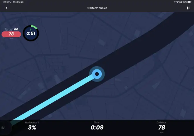 Mobifitness App workout mode shows a top-down view of your workout. Very Tron.