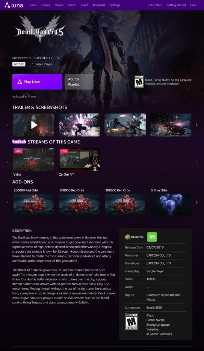 Devil May Cry 5 landing page on Amazon Luna cloud gaming service