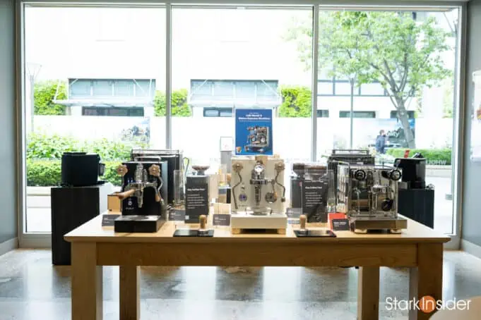 Lelit and Rocket Espresso machines on display at Seattle Coffee Gear Store view out front window