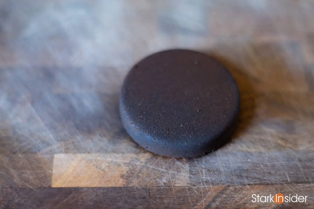 Close-up of espresso puck after shot - using puck screen
