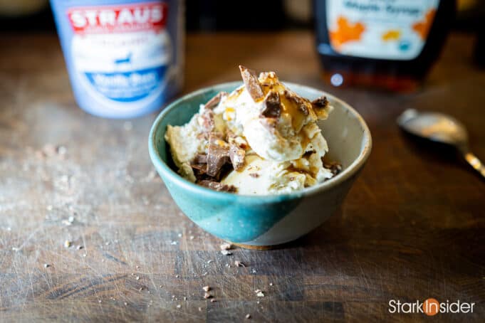 A decadent homemade affogato with creamy vanilla ice cream, dark chocolate chunks, and a drizzle of maple syrup