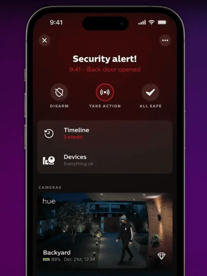 Security Center in the Philips Hue app