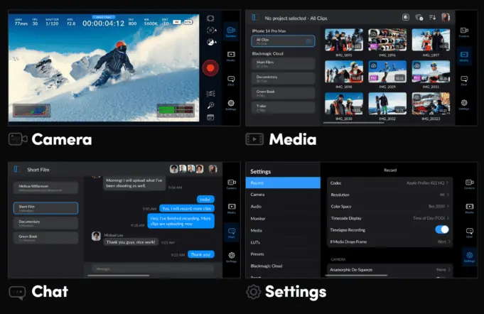 Blackmagic Camera app media chat settings