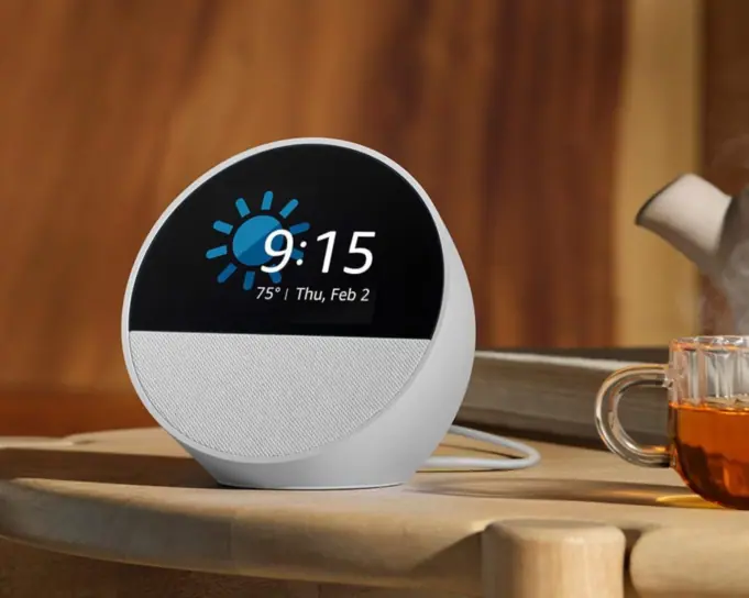 Echo Spot clockface features easy to read information such as time, date, weather