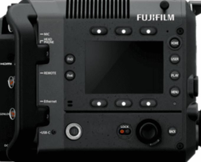 Fujifilm GFX Eterna side view camera body features buttons