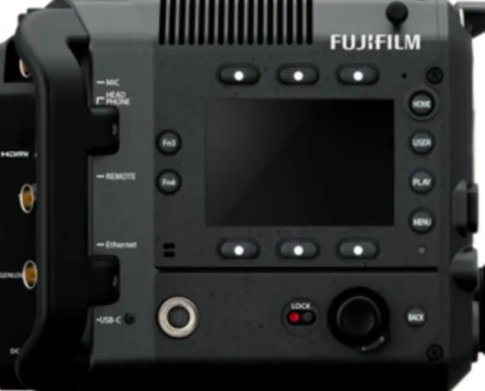 Fujifilm GFX Eterna side view camera body features buttons