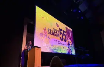 TheatreWorks Artistic Director Giovanna Sardelli announces Season 55 from the stage of Mountain View Center for the Performing Arts. Photo Credit: Jonathan Amores