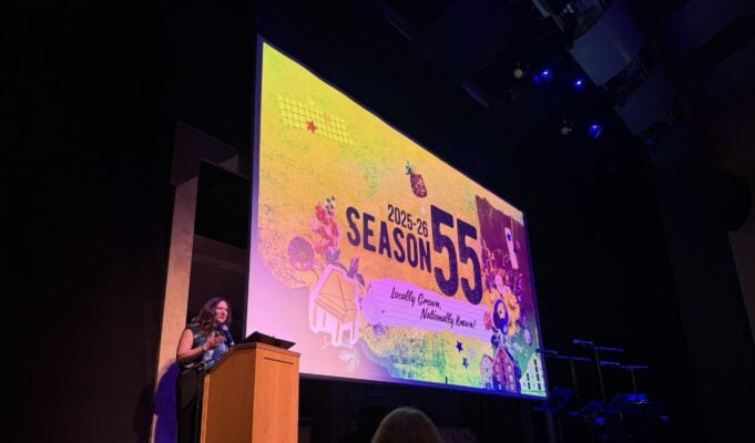 TheatreWorks Artistic Director Giovanna Sardelli announces Season 55 from the stage of Mountain View Center for the Performing Arts. Photo Credit: Jonathan Amores