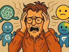 Illustrated man with melting face surrounded by cartoon-like AI assistant icons: ChatGPT, Claude, Gemini, and Copilot, symbolizing tech overload.