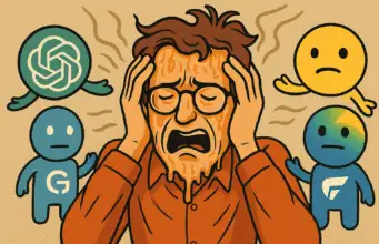 Illustrated man with melting face surrounded by cartoon-like AI assistant icons: ChatGPT, Claude, Gemini, and Copilot, symbolizing tech overload.