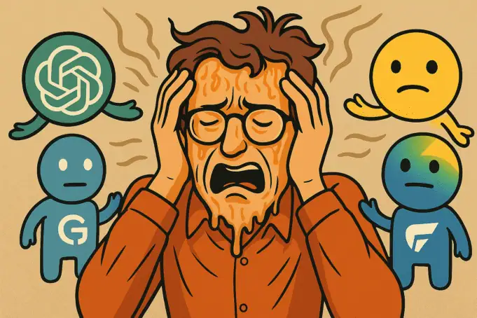 Illustrated man with melting face surrounded by cartoon-like AI assistant icons: ChatGPT, Claude, Gemini, and Copilot, symbolizing tech overload.