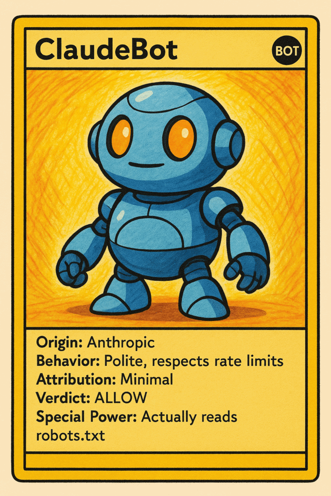 ClaudeBot trading card in Pokémon style; friendly blue robot with stats and “ALLOW” verdict.