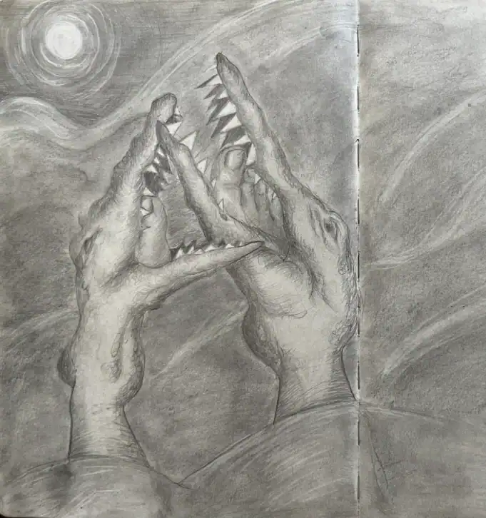 Graphite drawing of two human hands transforming into open crocodile jaws, silhouetted against a swirling moonlit sky. Artwork by Loni Stark, 2025.