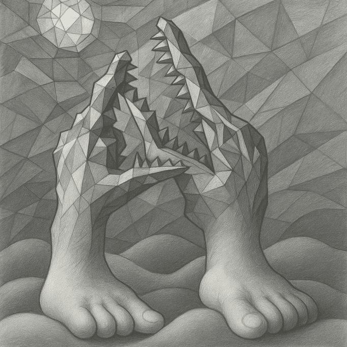 AI-generated drawing of crocodile-like jaws forming from geometric polygon hands with soft, rounded human toes at the base.