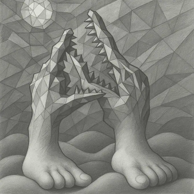 AI-generated drawing of crocodile-like jaws forming from geometric polygon hands with soft, rounded human toes at the base. The figures stand on undulating cloud-like surfaces under a polygonal sky and moon. Study from Loni Stark’s CrocodIle series.