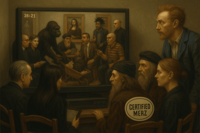 AI-generated tableau of classical and modern figures debating in a gallery-like space, with a gorilla, Jean-Michel Basquiat, and the Mona Lisa among them.