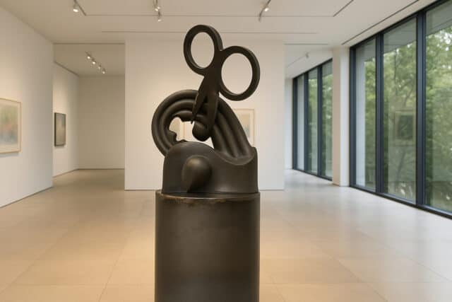 Bronze sculpture featuring a large pair of scissors embedded in abstract loops and curves, displayed in a minimalist gallery with floor-to-ceiling windows.