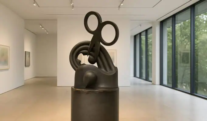 Bronze sculpture featuring a large pair of scissors embedded in abstract loops and curves, displayed in a minimalist gallery with floor-to-ceiling windows.