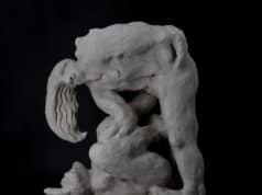 When Minds Meet: An Unexpected Journey into AI and Human Authenticity Porcelain sculpture titled To Train a Minotaur by Loni Stark. Abstract, mythological figure with intertwined limbs and contorted forms, rendered in raw, textured porcelain against a dark background.