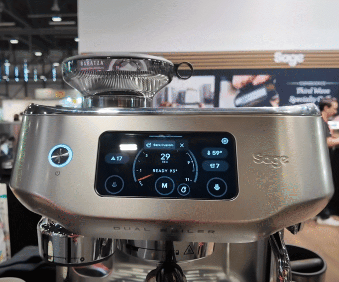 -up of Breville’s leaked Oracle Dual Boiler showing large touch screen with shot data