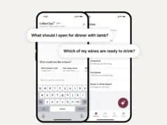 CellarChat AI wine-pairing interface on a mobile phone, showing prompts like ‘What should I open for dinner with lamb?’ and ‘Which of my wines are ready to drink?’