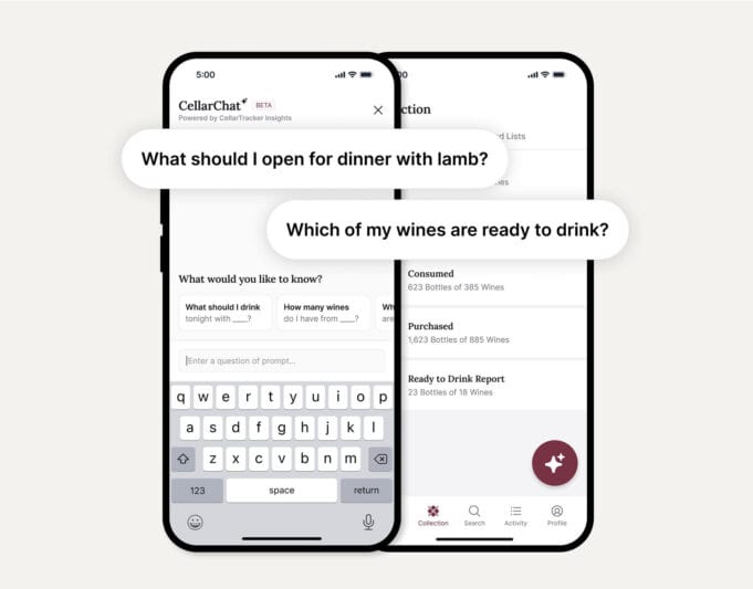 CellarChat AI Wine Pairing Assistant - An AI-Driven Virtual Sommelier CellarChat AI wine-pairing interface on a mobile phone, showing prompts like ‘What should I open for dinner with lamb?’ and ‘Which of my wines are ready to drink?’
