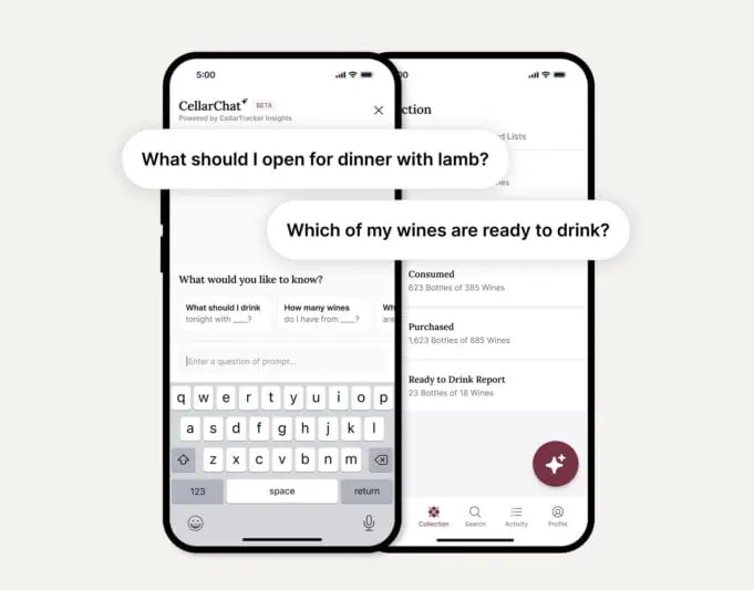 CellarChat AI wine-pairing interface on a mobile phone, showing prompts like ‘What should I open for dinner with lamb?’ and ‘Which of my wines are ready to drink?’