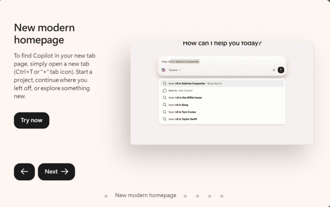 Copilot Mode homepage with search and chat suggestions