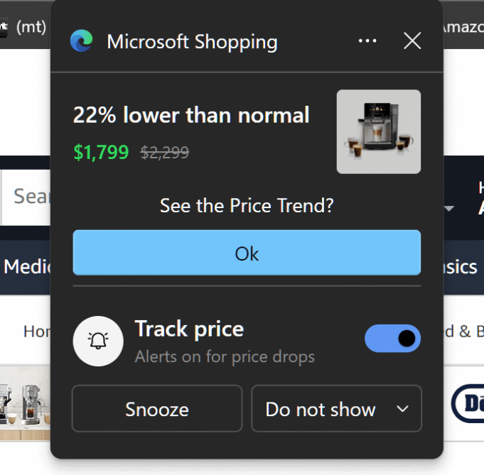 Microsoft Copilot price tracker showing espresso machine deal