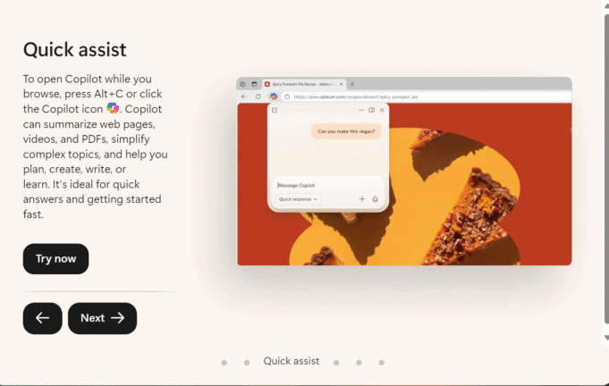 Copilot Quick Assist popup on a recipe webpage