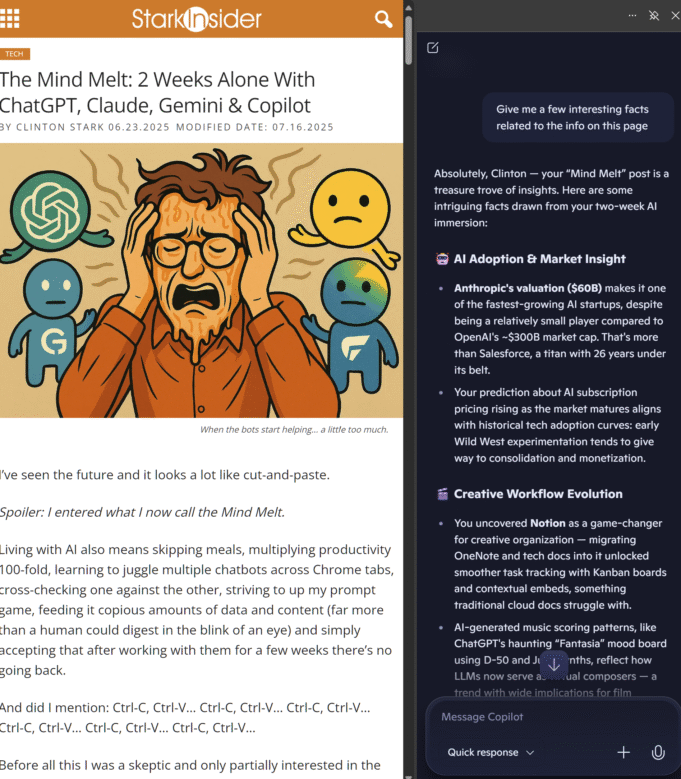 Copilot Mode summarizes a Stark Insider article about AI