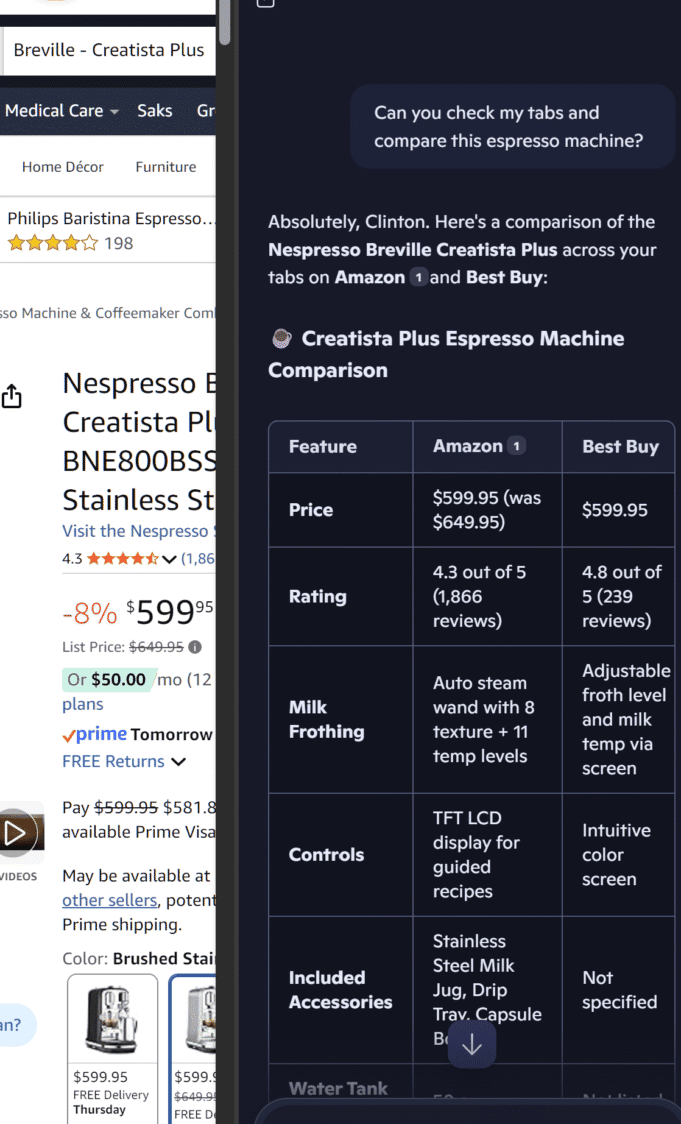 Copilot compares espresso machine details across tabs