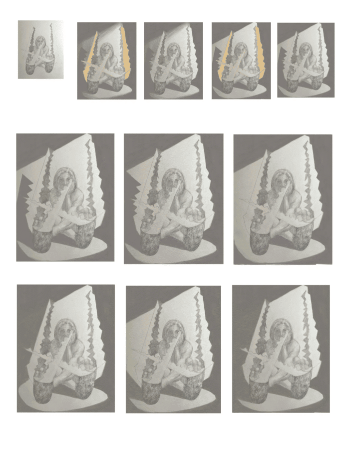 A grid of evolving digital variations based on a graphite drawing of a woman holding a jagged crocodile form. AI-generated shadows shift across the negative space, with angular spotlights and hand-drawn line refinements in each iteration. By Loni Stark.