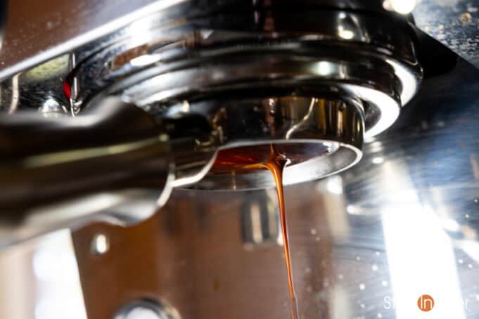 View looking up to an in-process espresso shot with a rich stream of golden espresso being extracted in a savory stream.