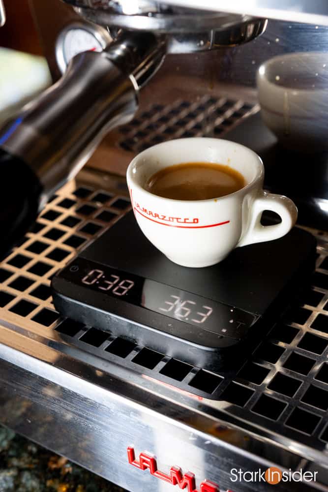 Espresso shot yield of 36g in 38 seconds on scale
