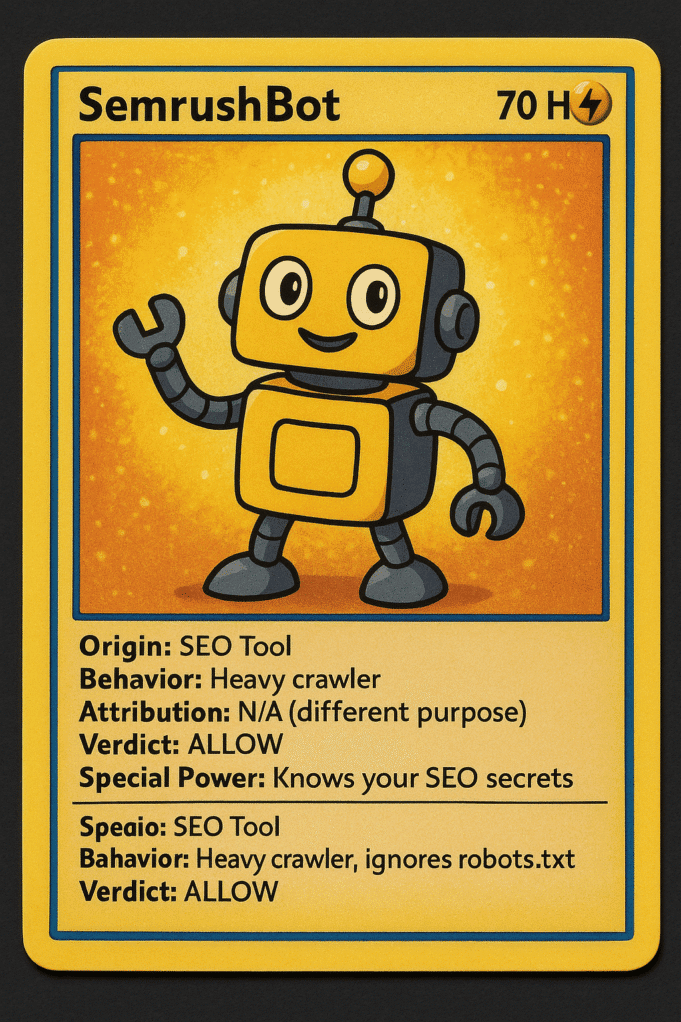SemrushBot Pokémon-style yellow robot card; heavy SEO crawler, “ALLOW.”