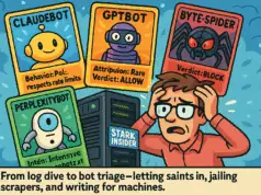 Cartoon trading-card bots (ClaudeBot, GPTBot, ByteSpider, PerplexityBot) swooping toward the Stark Insider server while a stressed publisher holds his head.