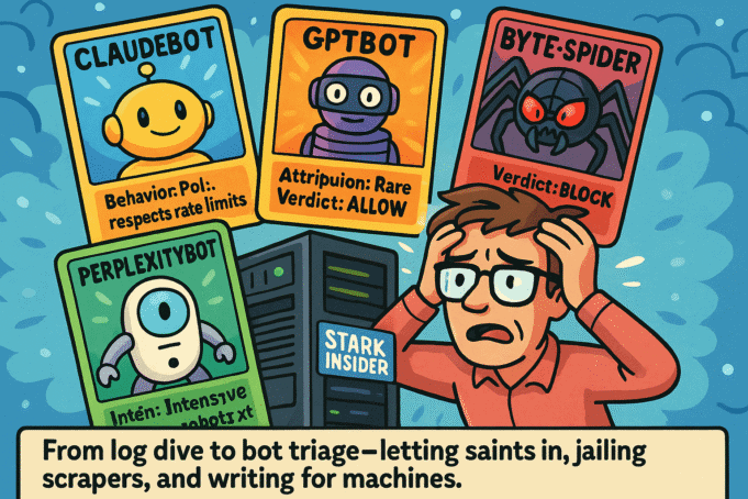 AI Bots Descend on Stark Insider Server Cartoon trading-card bots (ClaudeBot, GPTBot, ByteSpider, PerplexityBot) swooping toward the Stark Insider server while a stressed publisher holds his head.