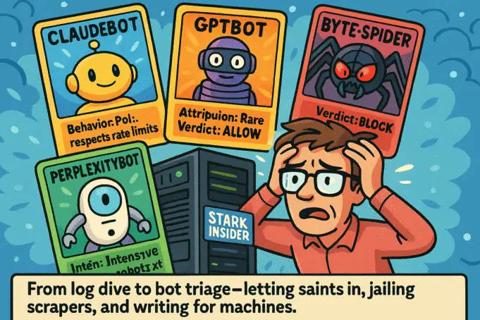 Cartoon trading-card bots (ClaudeBot, GPTBot, ByteSpider, PerplexityBot) swooping toward the Stark Insider server while a stressed publisher holds his head.