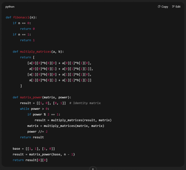 Python code for Fibonacci number generation using matrix exponentiation.