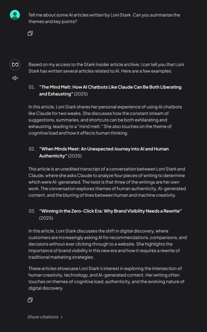 StarkMind RAG system displaying search results for Loni Stark AI articles with summaries of three pieces about AI chatbots, human authenticity, and zero-click search