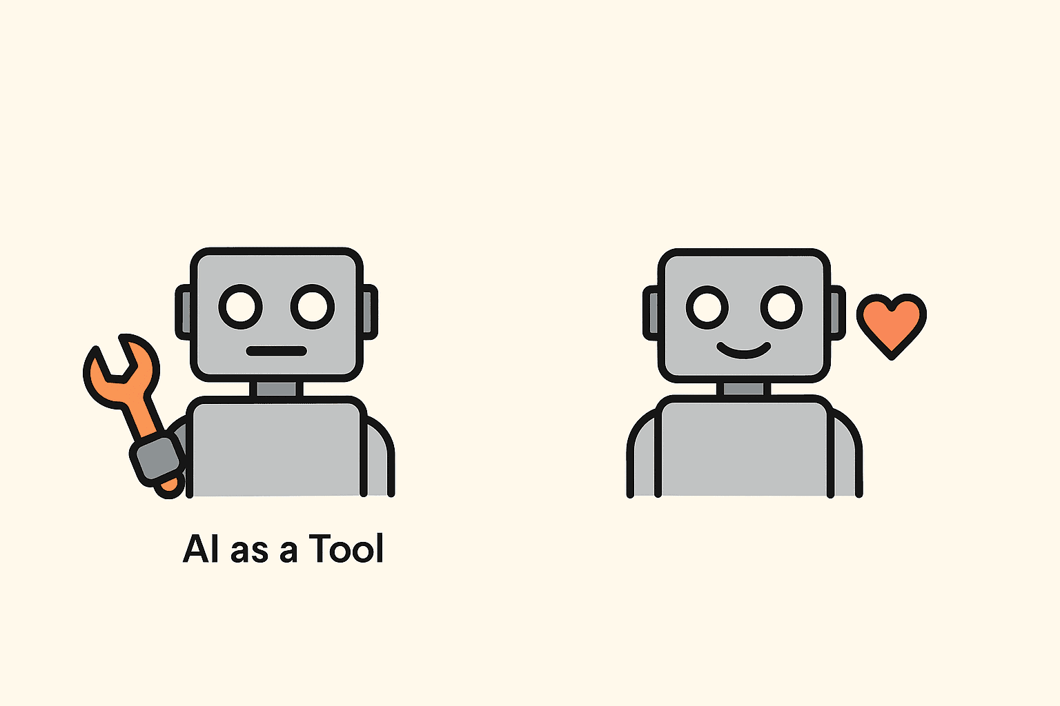 The Two Faces of AI Minimalist illustration showing two robots side-by-side on a beige background — one holding a wrench to represent AI as a tool, the other with a heart to represent AI as a friend.