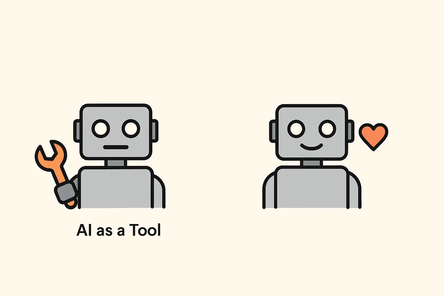 Minimalist illustration showing two robots side-by-side on a beige background — one holding a wrench to represent AI as a tool, the other with a heart to represent AI as a friend.
