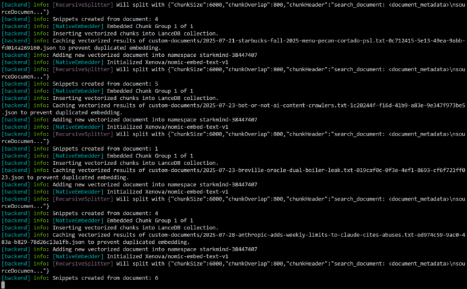 Terminal log from AnythingLLM showing RecursiveSplitter chunking and Xenova/nomic-embed-text embeds feeding into LanceDB