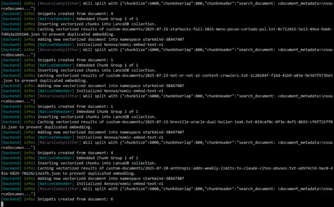 Terminal log from AnythingLLM showing RecursiveSplitter chunking and Xenova/nomic-embed-text embeds feeding into LanceDB
