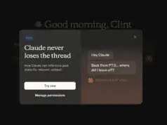 Claude AI memory feature pop-up reading “Claude never loses the thread,” showing an example of resuming a past conversation.