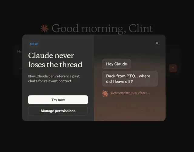 Claude AI memory feature pop-up reading “Claude never loses the thread,” showing an example of resuming a past conversation.