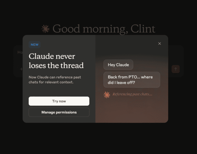 Claude AI memory feature pop-up reading “Claude never loses the thread,” showing an example of resuming a past conversation.