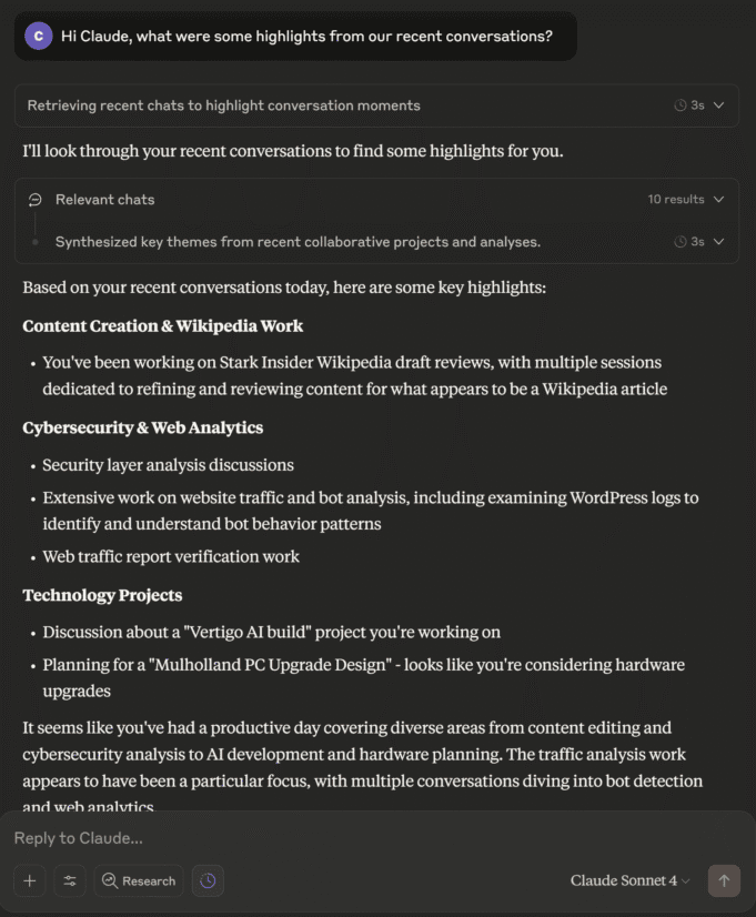 Claude AI showing highlights from recent conversations, including Wikipedia work, cybersecurity analysis, and technology projects.