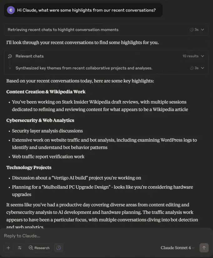 Claude AI showing highlights from recent conversations, including Wikipedia work, cybersecurity analysis, and technology projects.
